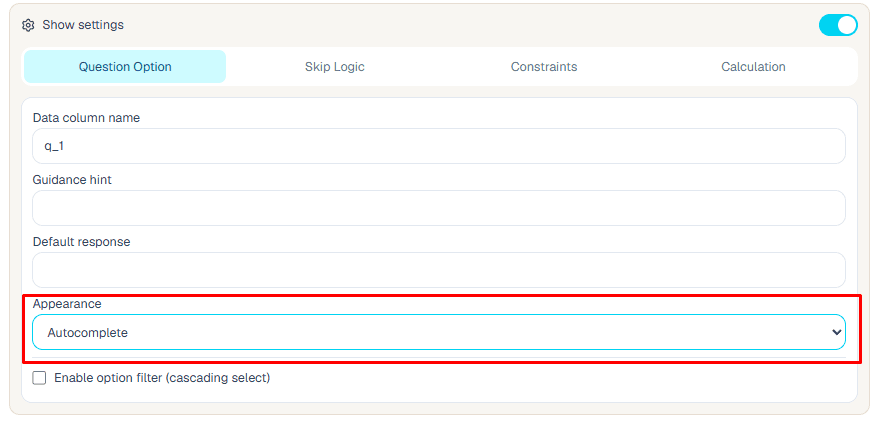Autocomplete appearance setup