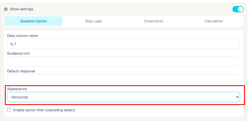 Horizontal choice appearance setup