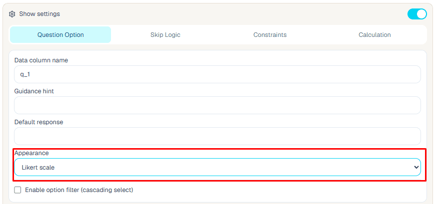 Likert scale appearance setup