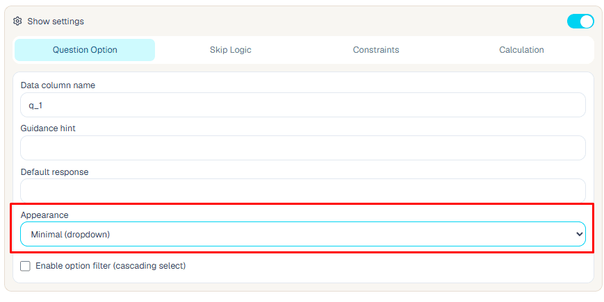 Minimal dropdown appearance setup