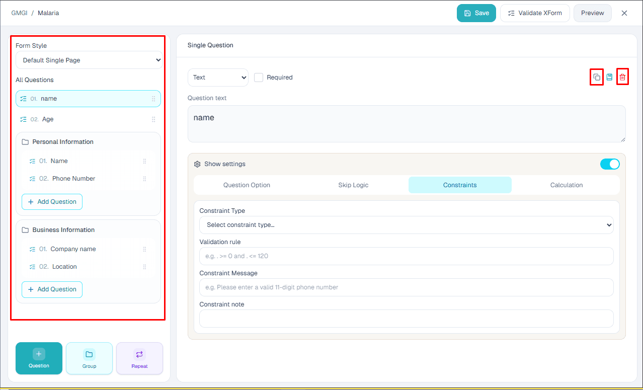 Clone, reorder, and delete controls in the ComMicPlan builder