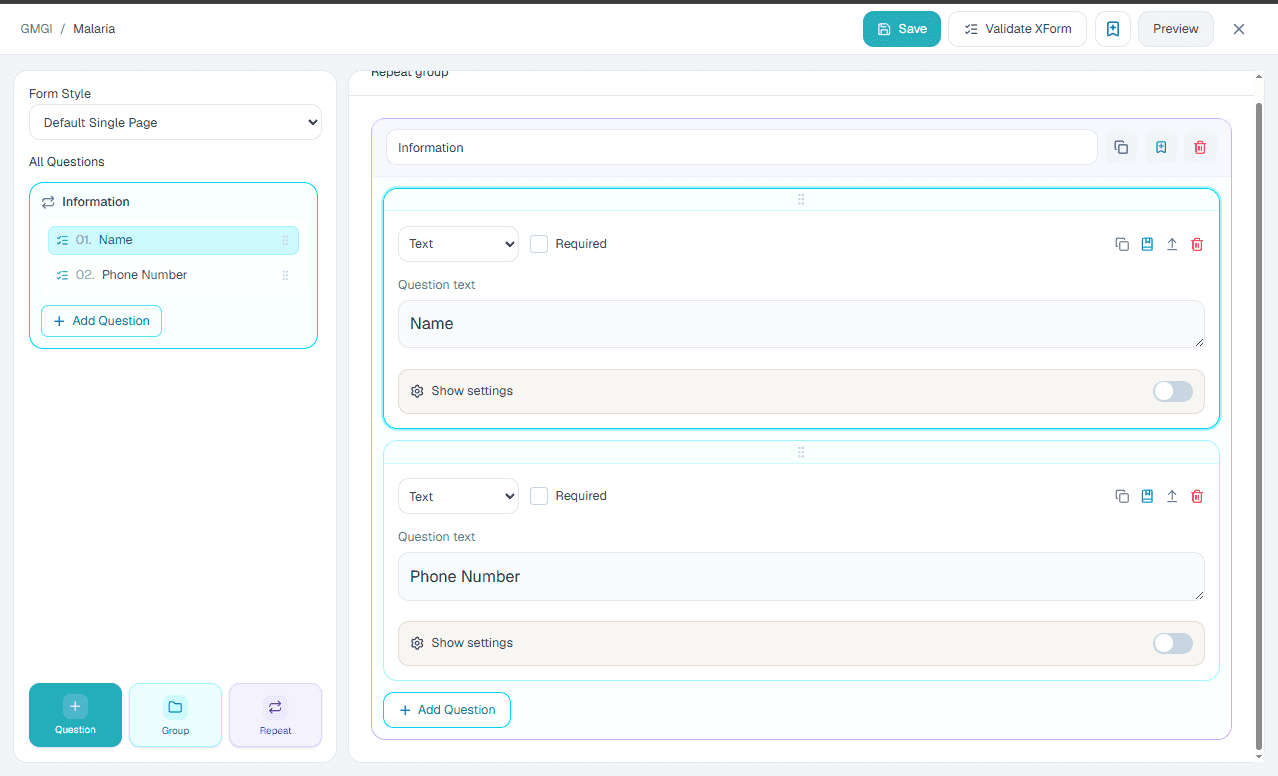 Repeat group setup in the ComMicPlan form builder