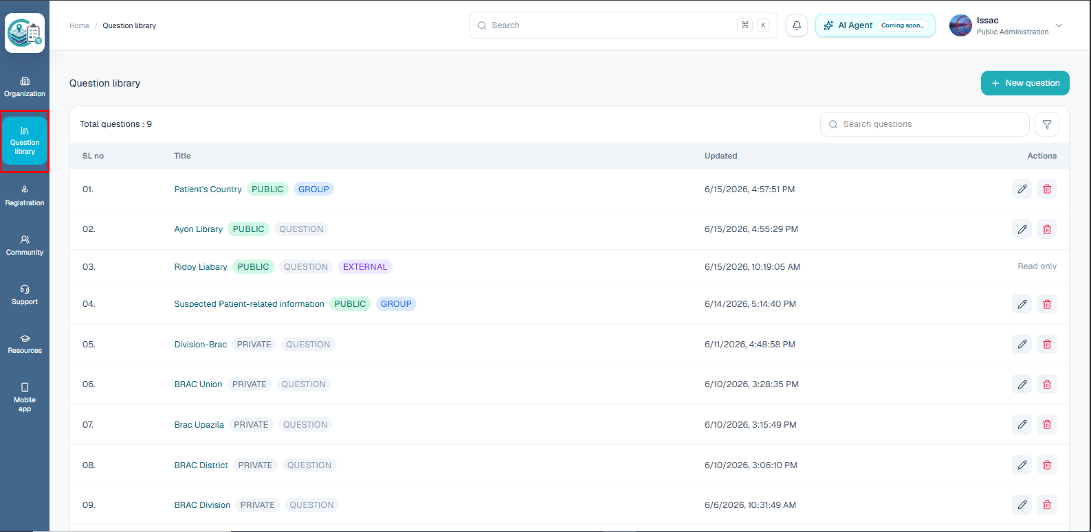 Question library page in ComMicPlan