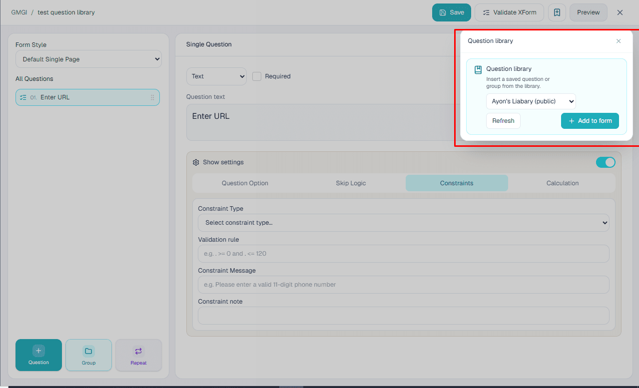 Add question action in the question library
