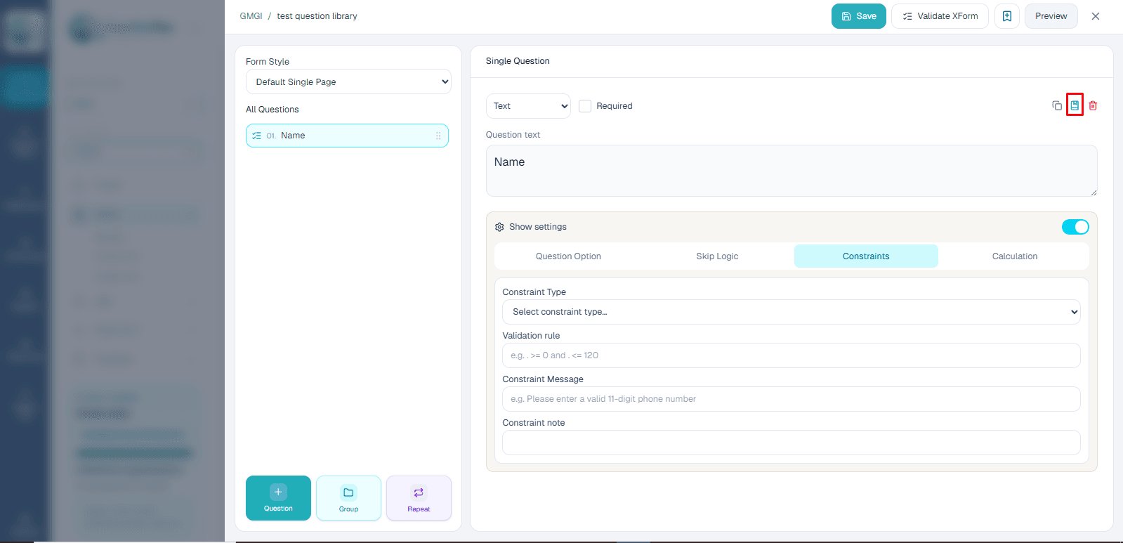 Add form question to question library