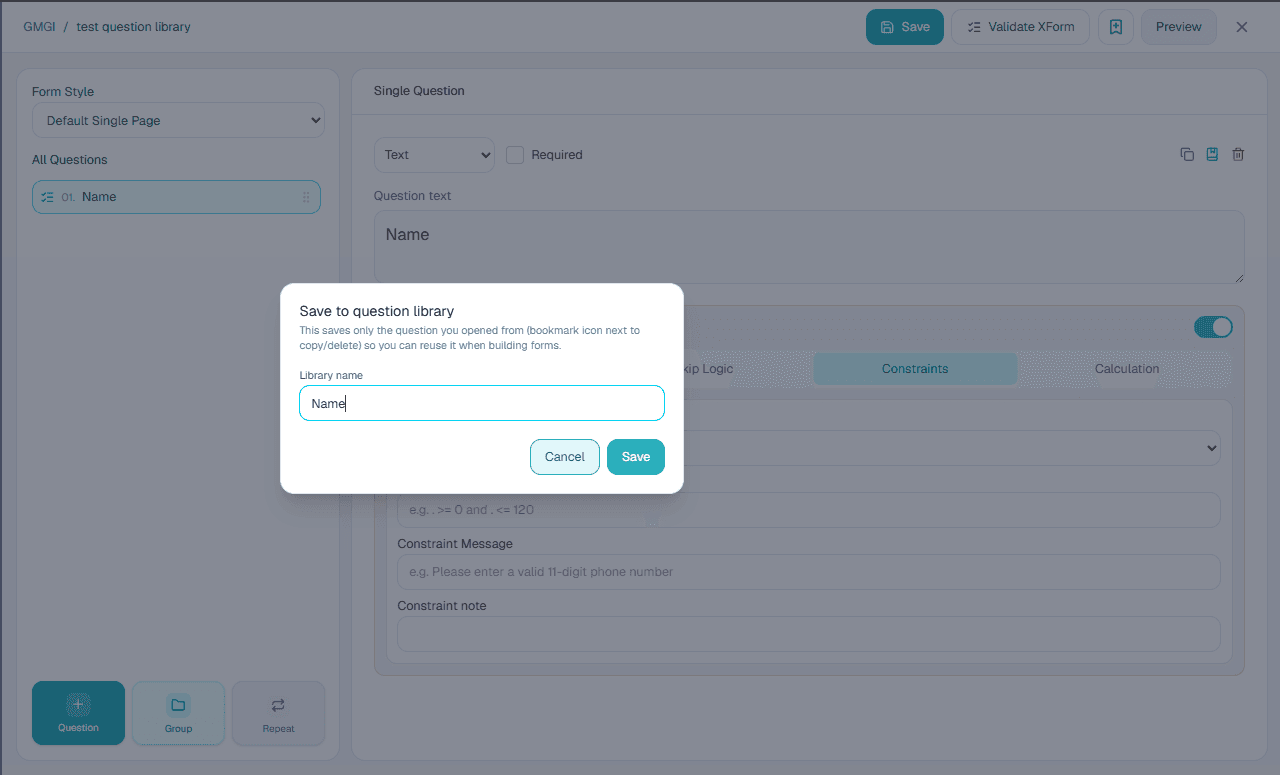 Question library details while adding from a form