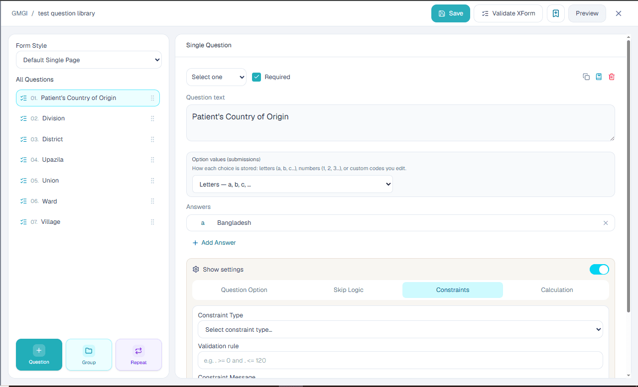 Import question action in the form builder