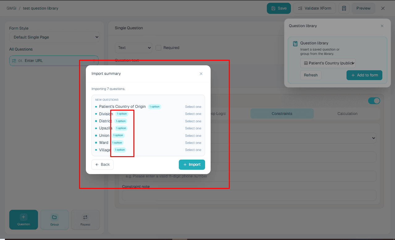 Review imported library questions in the form