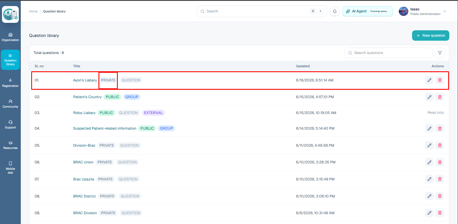 Private question library preview