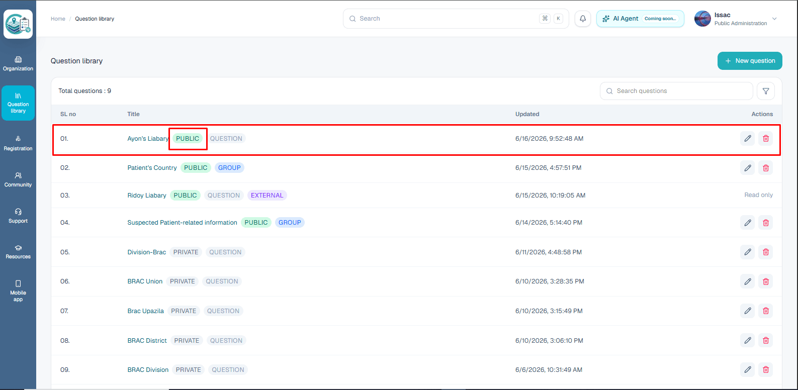 Public question library preview