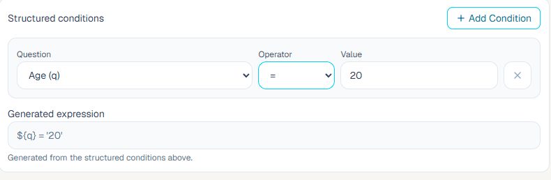 Equal to skip logic setup for Age equals 20