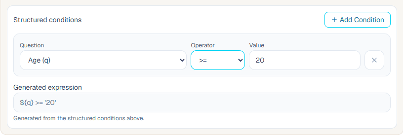 Greater than or equal to skip logic setup for Age greater than or equal to 20