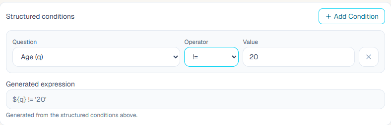 Not equal skip logic setup for Age not equal to 20