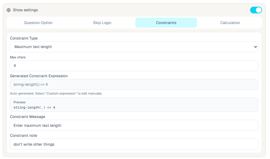 Maximum text length constraint setup