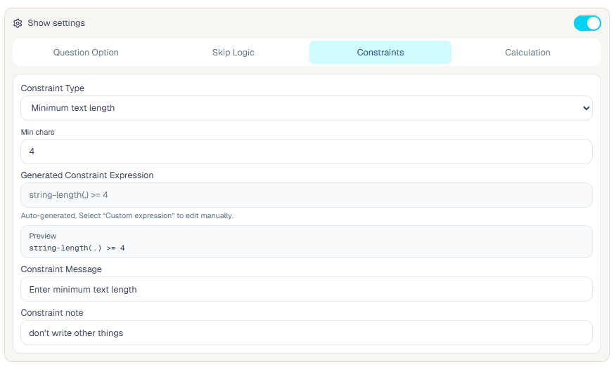 Minimum text length constraint setup