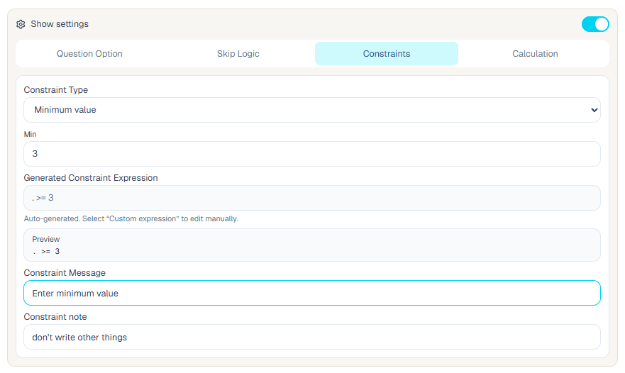 Minimum value constraint setup in the ComMicPlan form builder