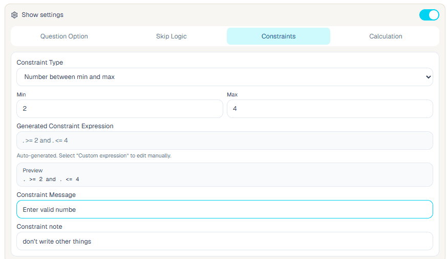 Number between minimum and maximum constraint setup