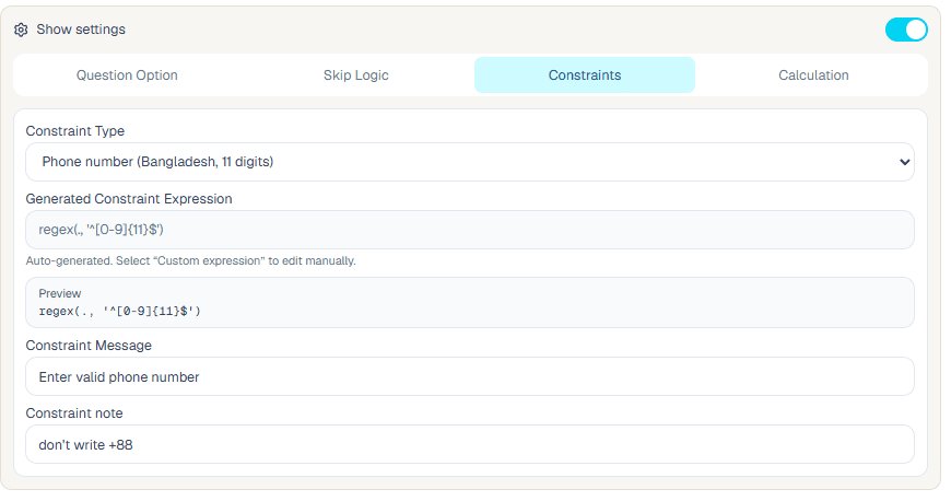 Phone number constraint setup