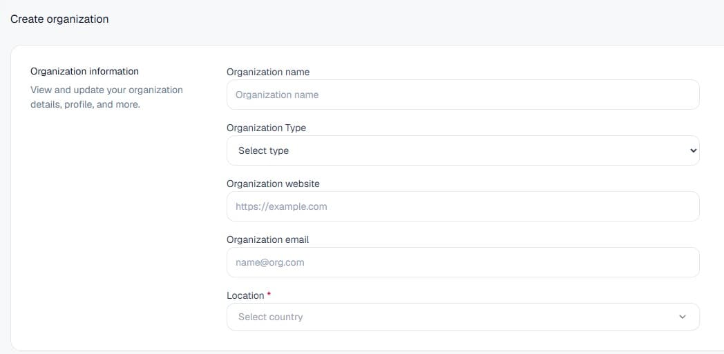 Create organisation form
