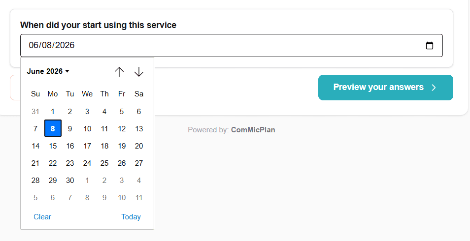 Date question in the ComMicPlan form preview