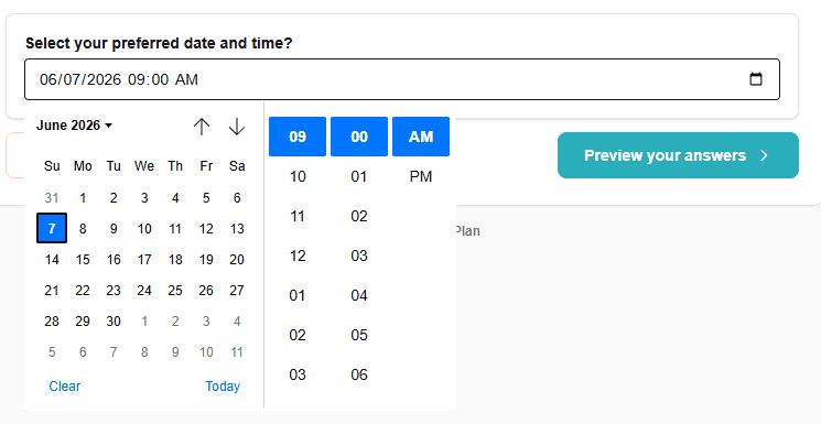 Date & time question in the ComMicPlan form preview