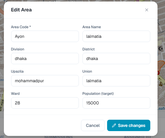 Edit Area modal with administrative fields