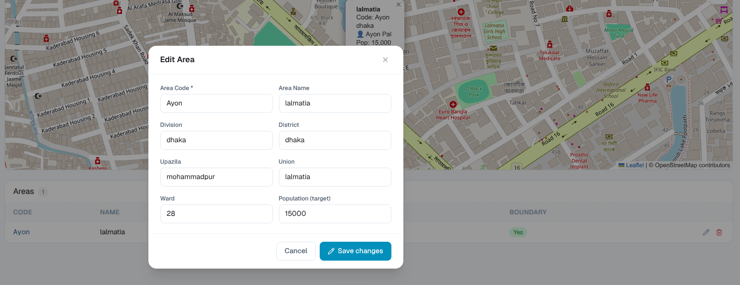 Area selected for editing from the list
