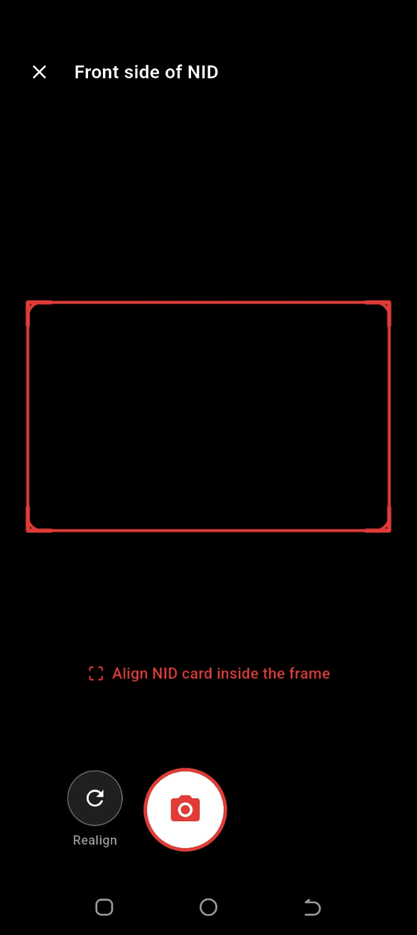 Camera open while framing the front of the NID card