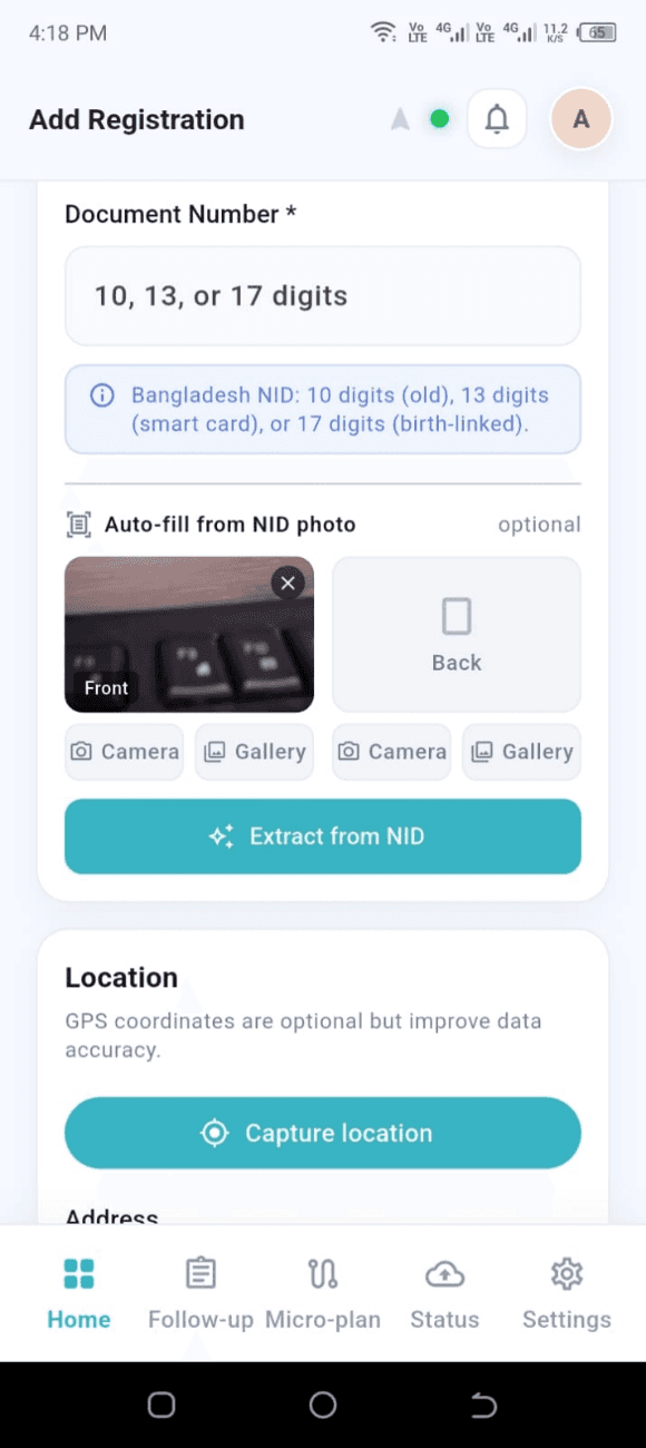 Captured NID front image selected for the Front slot