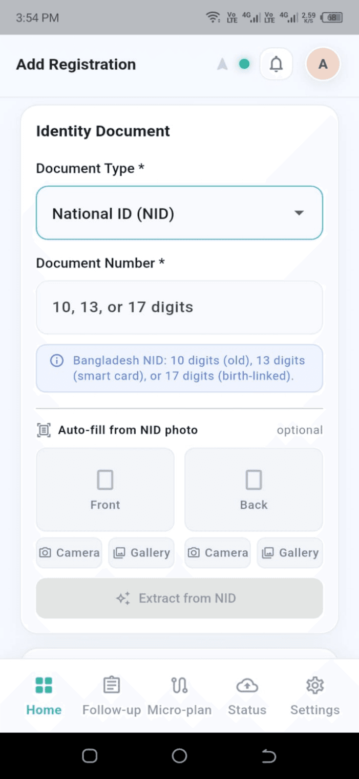 Identity Document card with National ID selected and the Document Number field