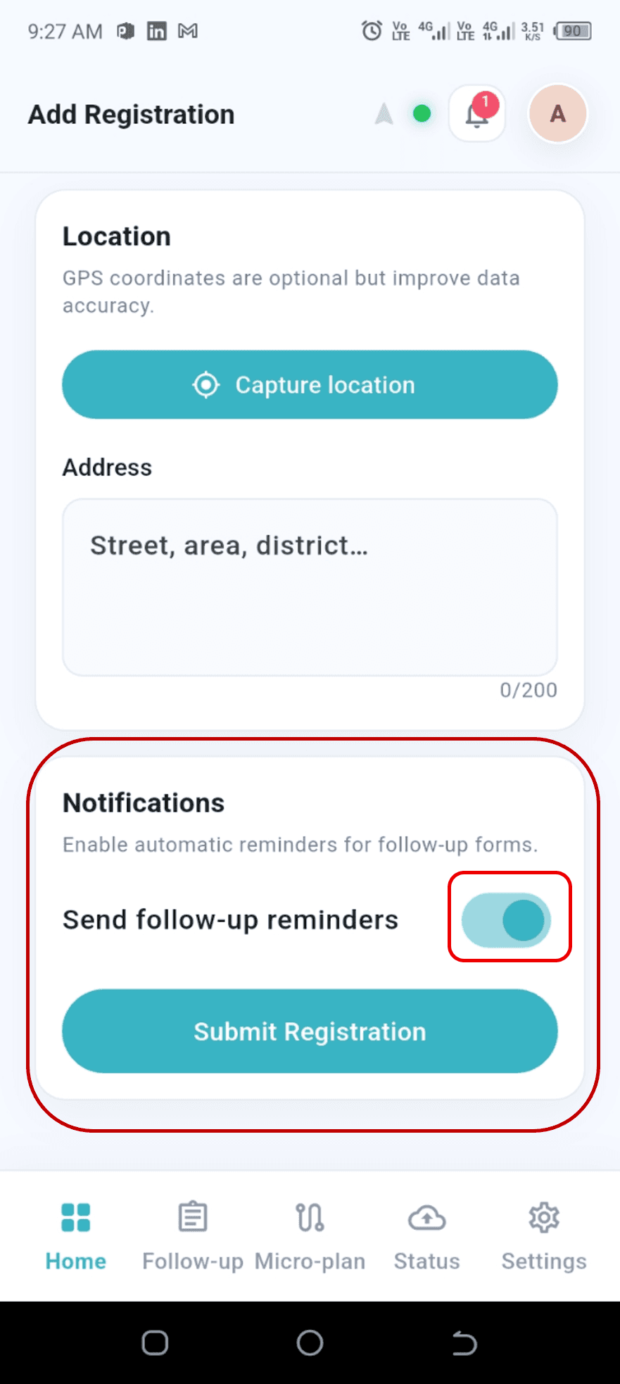 Send follow-up reminders switch turned on