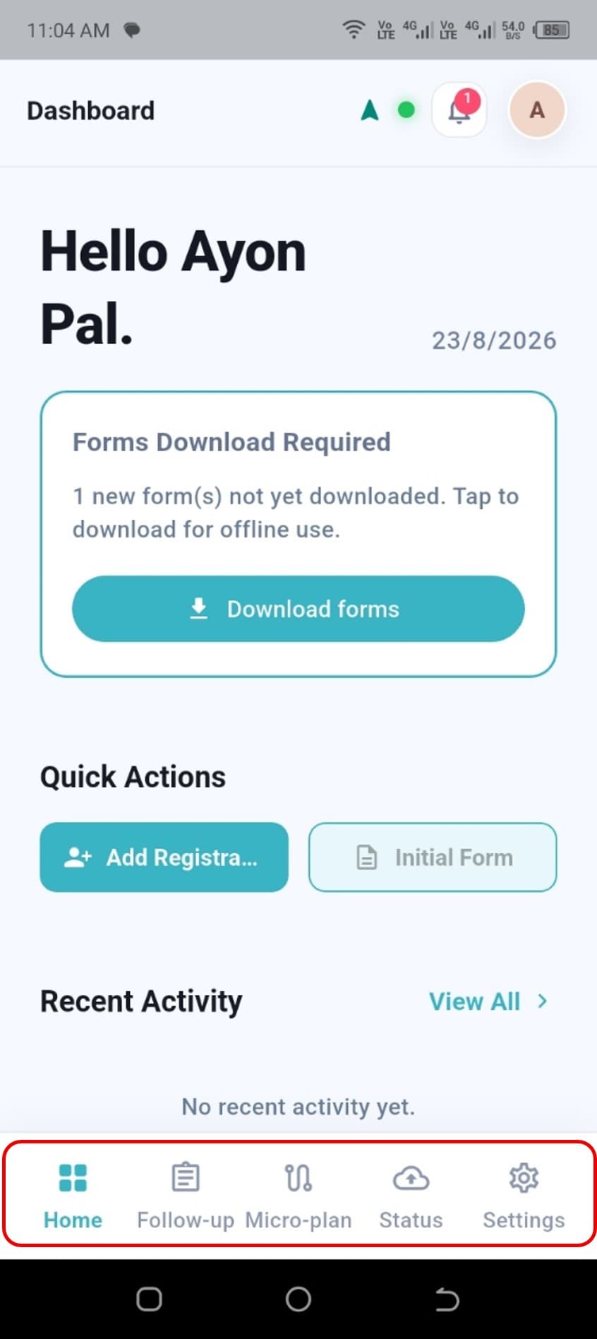 Bottom navigation bar with Home, Follow-up, Micro-plan, Status, and Settings tabs