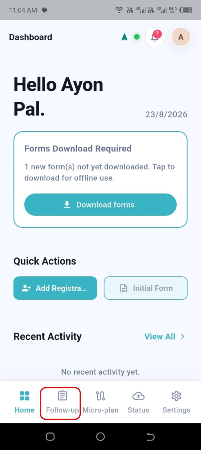 Follow-up tab selected in the bottom navigation bar