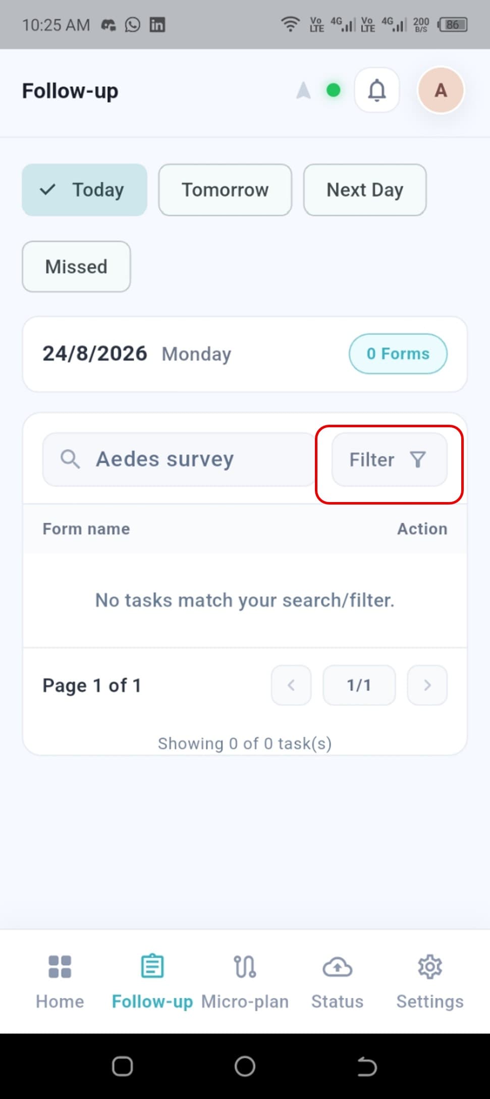 Filter button highlighted on the Follow-up page