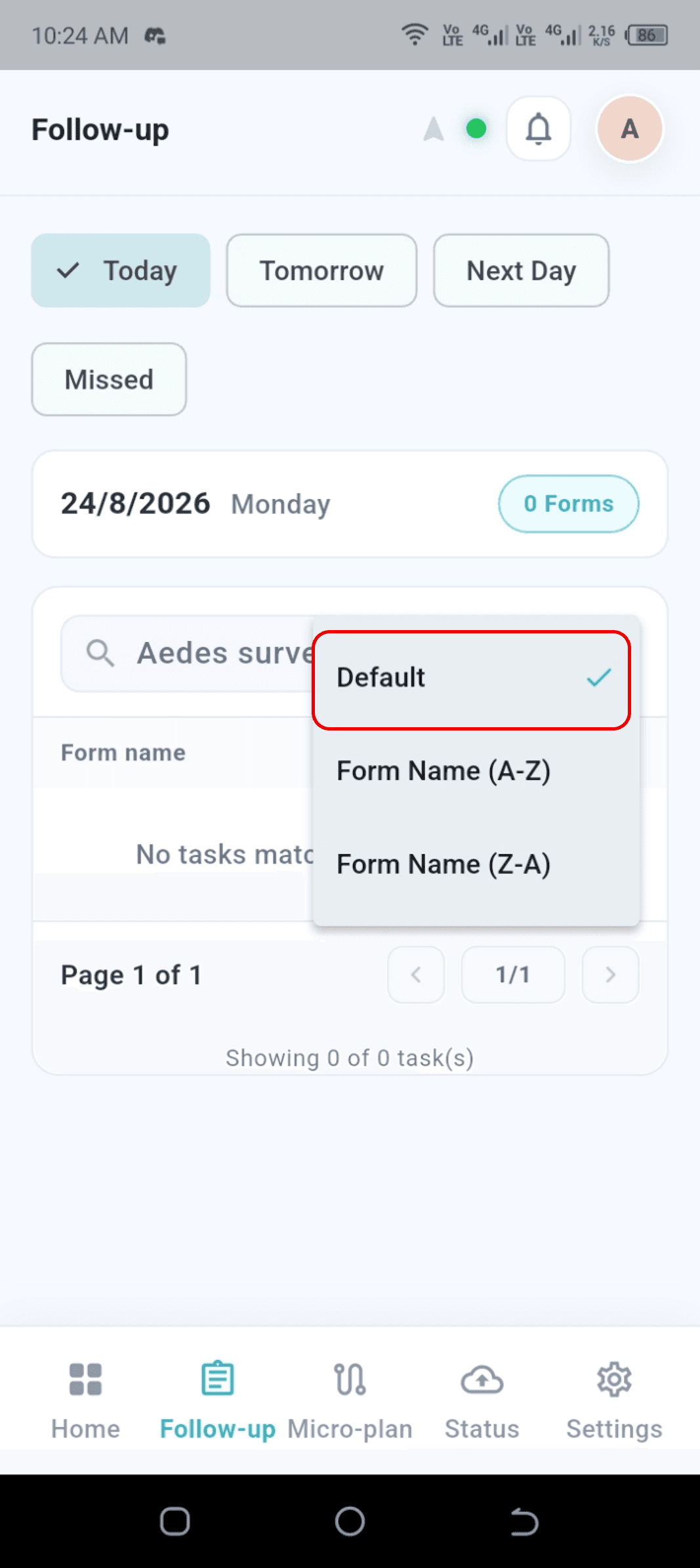 Filter menu with Default order selected
