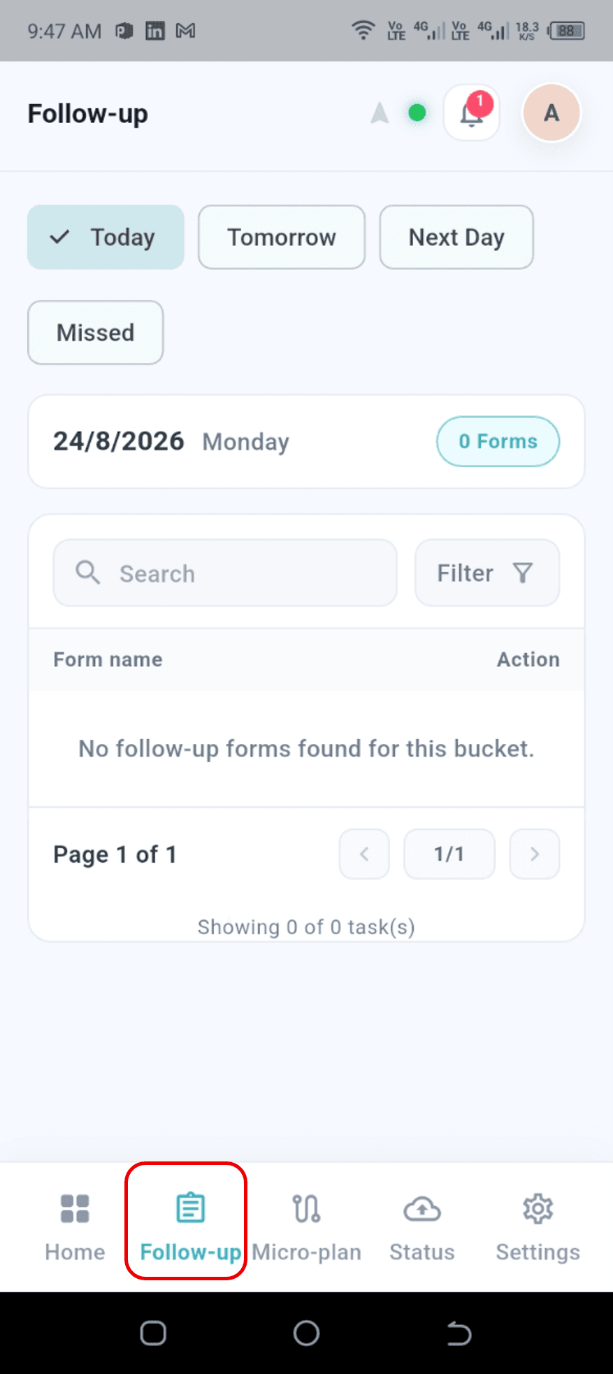 Follow-up page with the Today, Tomorrow, Next Day, and Missed tabs