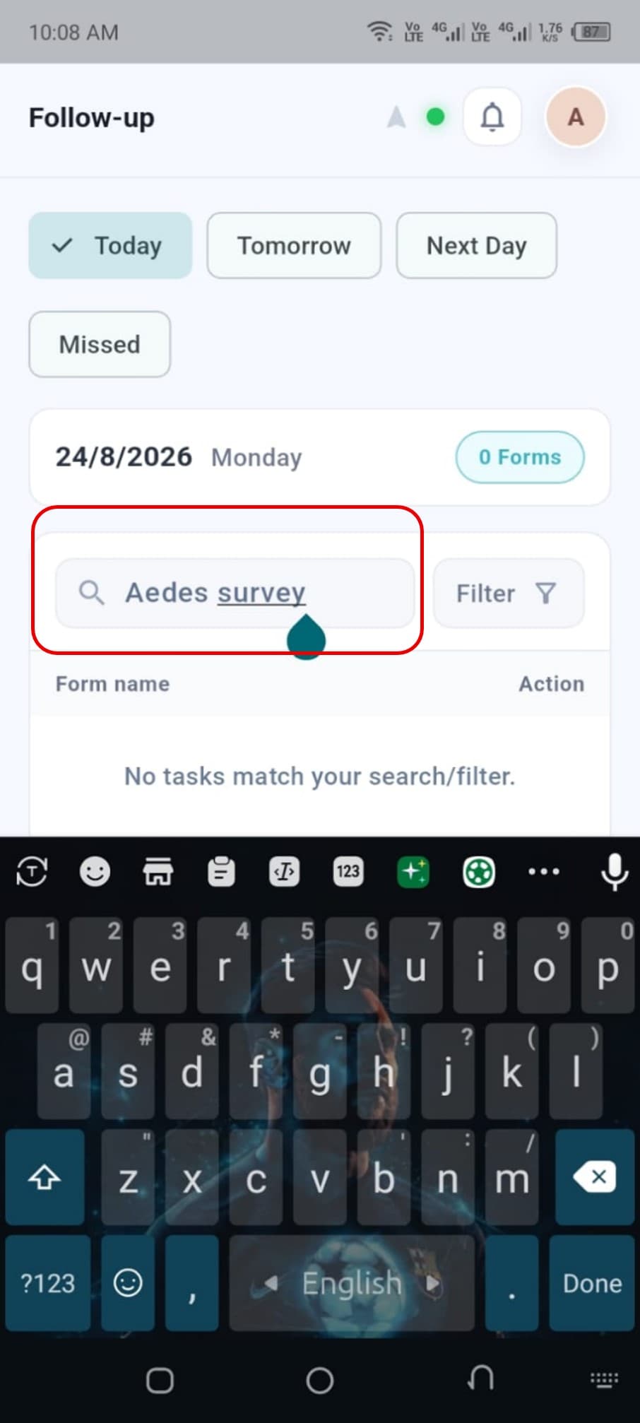 Follow-up search bar and Filter button