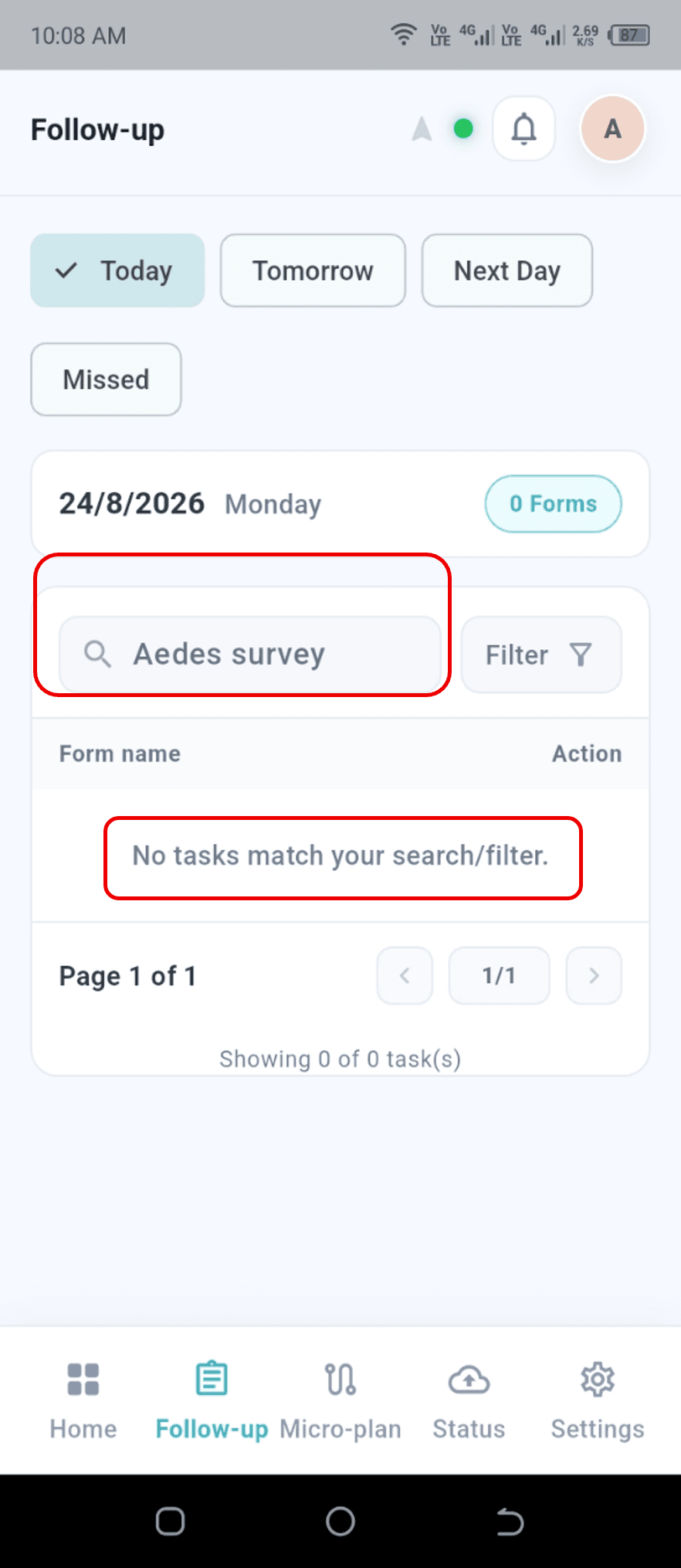 Follow-up list filtered by a search term