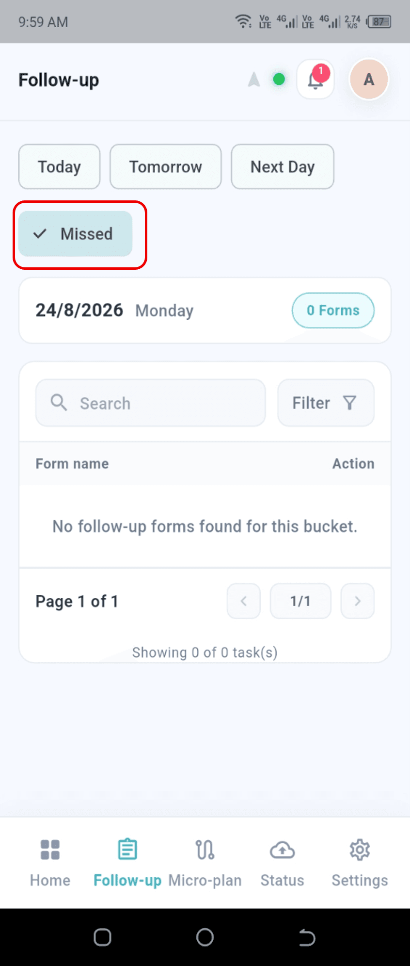 Follow-up page with the Missed tab selected