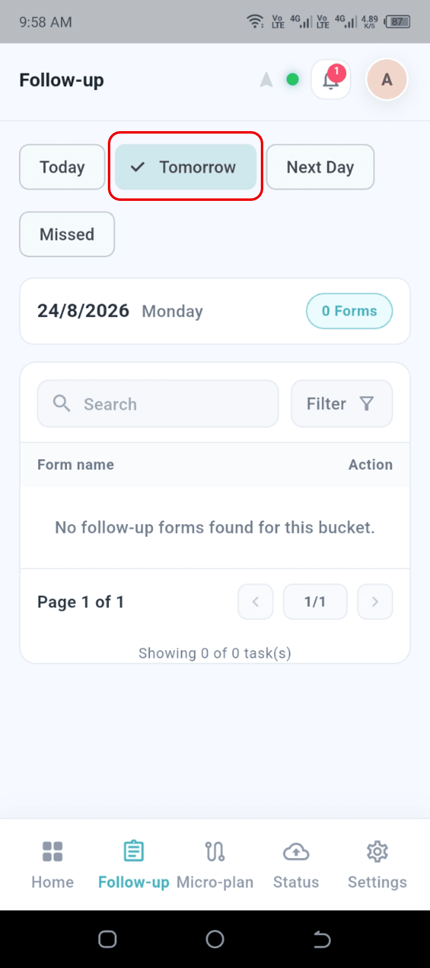 Follow-up page with the Tomorrow tab selected