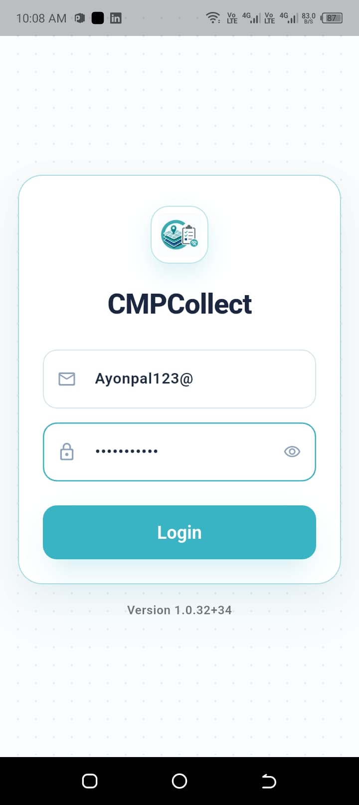CMPCollect login screen with credentials entered