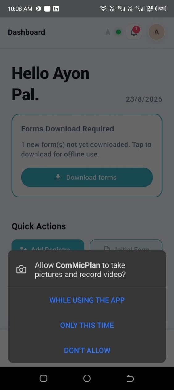 Allow ComMicPlan to take pictures and record video permission prompt