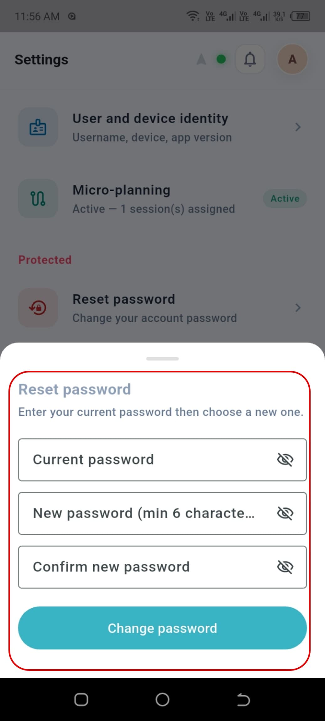 Password Reset form with new password fields