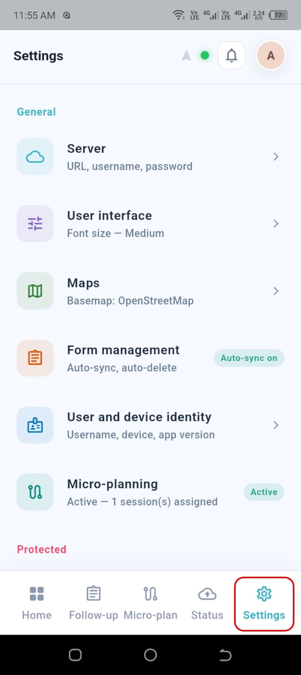 Settings page with the preference groups