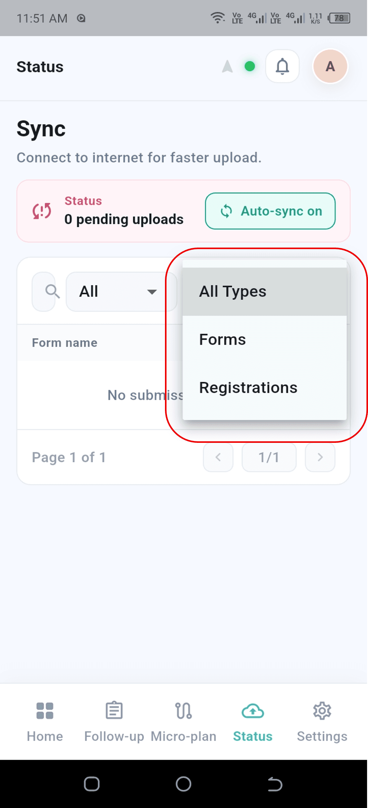Type filter menu with All Types, Forms, and Registration