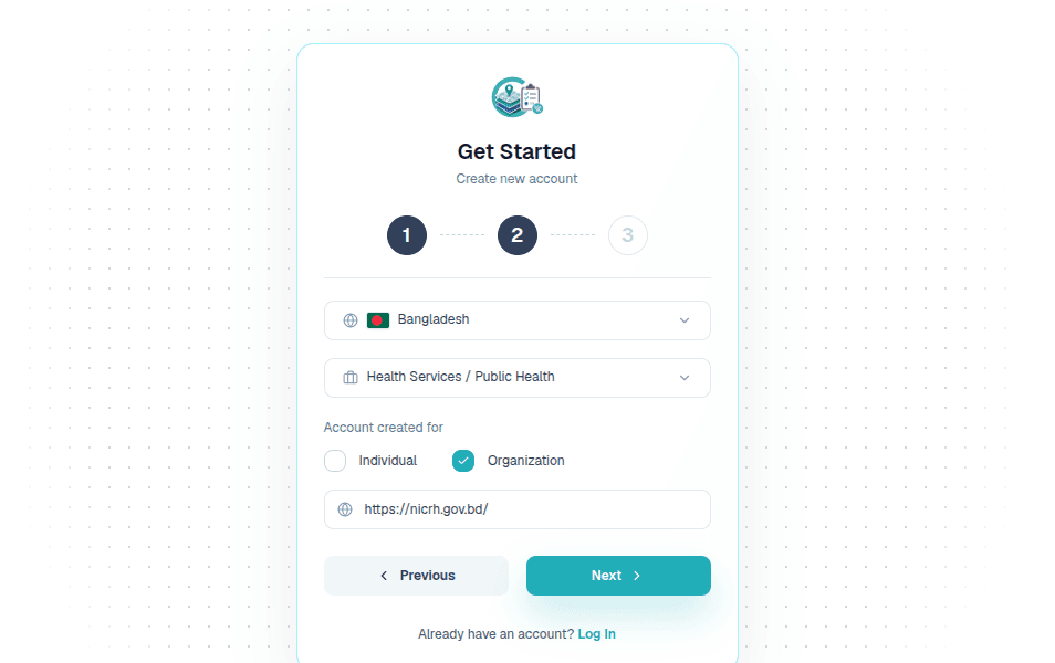 Register country and organization details