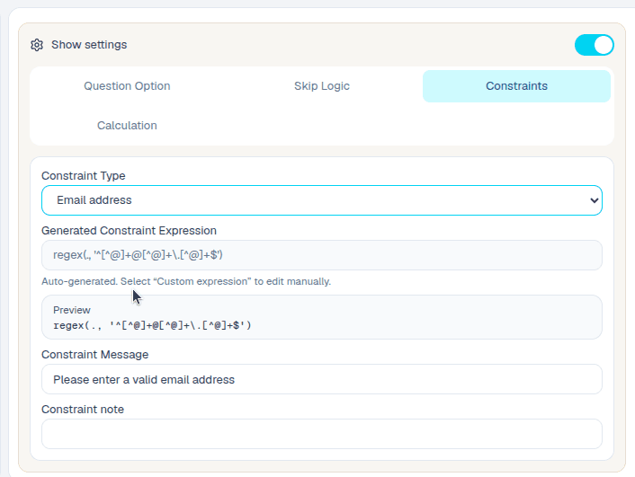 Constraints submenu in the ComMicPlan form builder