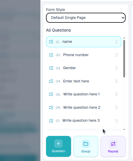 Question list submenu in the ComMicPlan form builder