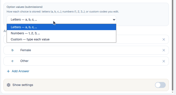 Question options submenu in the ComMicPlan form builder