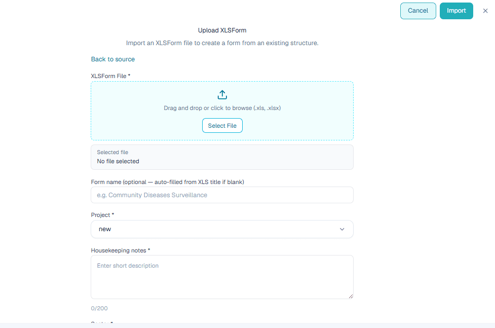 Upload XLSForm form details screen